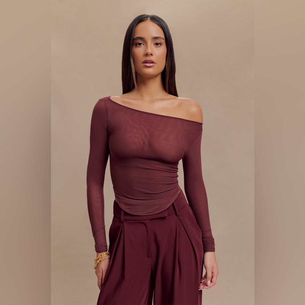 Meshki Off-Shoulder Mesh Long sleeve top  - Mahogany, sz S.